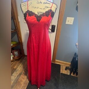 Red Black Lace Vintage 70s Long Maxi Slip Night Dress Goth Nightgown Lingerie- M